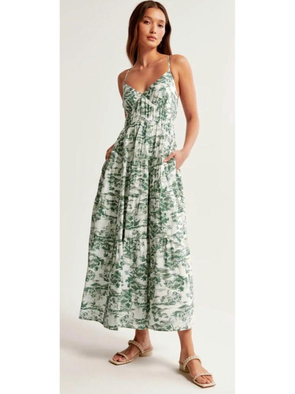 Abercrombie and Fitch A&F Green Toile Print Maxi Dress with Tie Straps